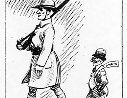Cartoon implying that only the Army, not local police, could actually protect Omaha; "Omaha Bee", Sept. 30, 1919