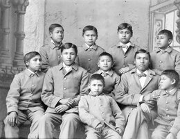 Group of Omaha boys in cadet uniforms; Carlisle Indian School, Pennsylvania, 1880