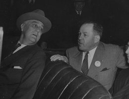 President Franklin D. Roosevelt, Nebraska Governor Dwight Griswold, and Glenn L. Martin tour the Omaha bomber plant, April 26, 1943