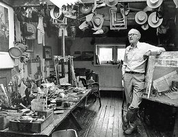 Detail of John Falter in his studio, photographed by Jay Wiley