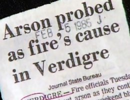 Lincoln Journal newspaper clipping: "Arson probed as fire’s cause in Verdigre", Feb 5, 1985
