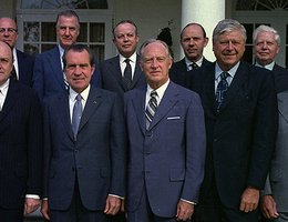 President Nixon and a few of his cabinet members, June 16, 1972. Back row: Sec. of Agriculture Earl Butz; Sec. of the Treasury George Shultz; Vice-President Spiro Agnew. Front row: Sec. of Defense Melvin Laird; President Richard M. Nixon.