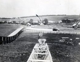 Original Omaha Stockyards, Frank Drexel Farm, 1885. Note: Arrow indicates first Livestock Exchange Building in the old Drexel farmhouse.