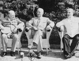 While President Truman (middle) was attending the Potsdam Conference on the shape of the post-war world, he learned that the atomic bomb worked. Great Britain’s Prime Minister Churchill (left) and the Soviet Union’s Premier Stalin (right) were our allies.