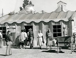 One of the Behlen buildings that survived the atomic bomb at Operation Cue. This building was on display at the Nebraska State Fair in 1955.