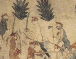 Another detail from the buffalo hide paintings depicting the Pawnee and Villasur battle shows the priest in the lower right
