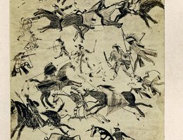 Drawing of Ponca-Sioux battle by To-Tay-go-nai (Standing Buffalo); Photograph by A. Zeno Shindler, 1858